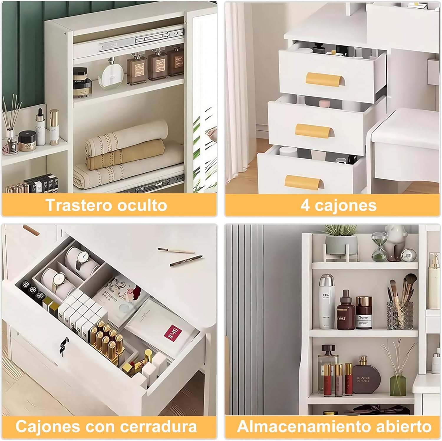 Detailed view of storage features: hidden compartment behind mirror, four drawers, lockable drawer, and open shelves.