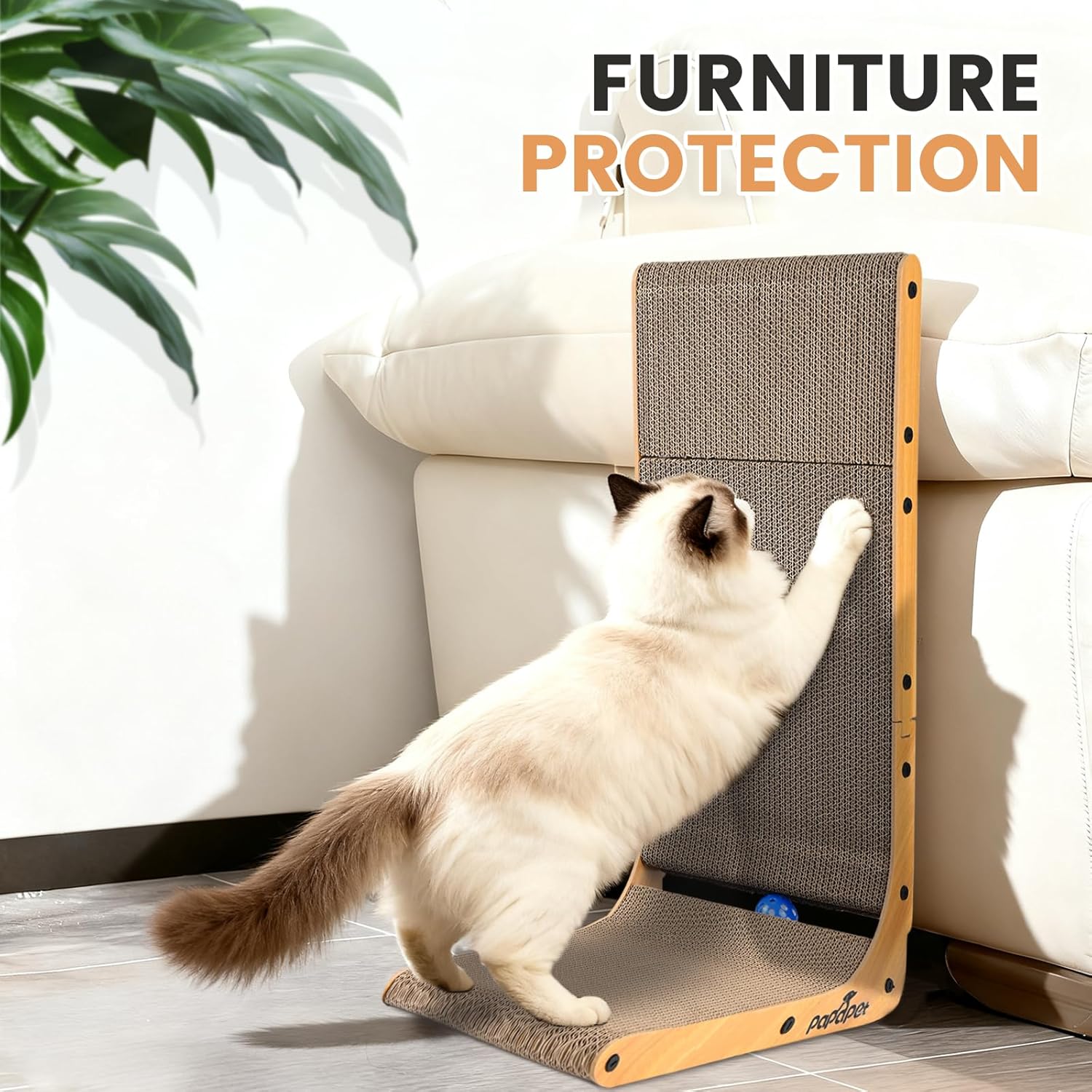 PaPaPet Cat Scratcher, 26.8 Inch L Shape Cat Scratchers for Indoor Cats, Protecting Furniture Cat Scratch Pad, Cardboard Cat Scratching with Ball Toy