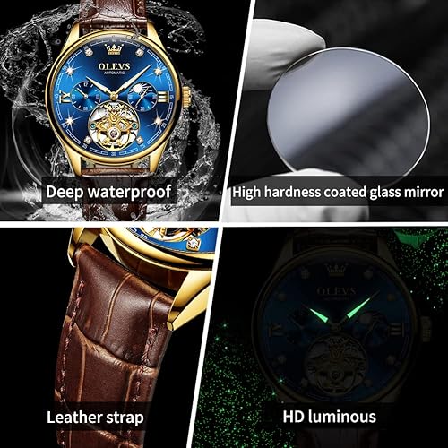 Miniatura 6 de OLEVS Relojes de cuero para hombre, mecánico automático, esqueleto Tourbillon, diamante, de lujo, cuerda automática, relojes de pulsera, fase lunar,