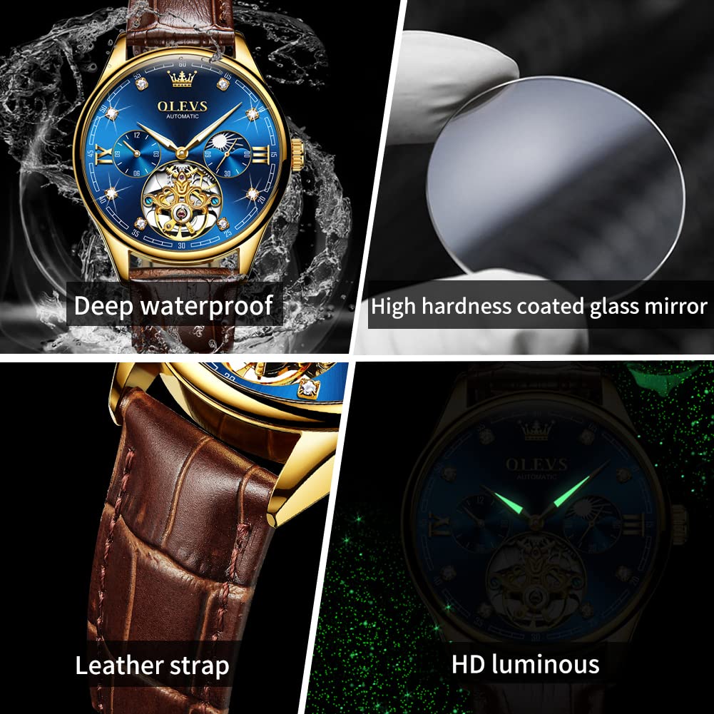 OLEVS Mens Leather Watches Automatic Mechanical Skeleton Tourbillon Diamond Luxury Self Winding Dress Wrist Watches Moon Phase Waterproof Luminous
