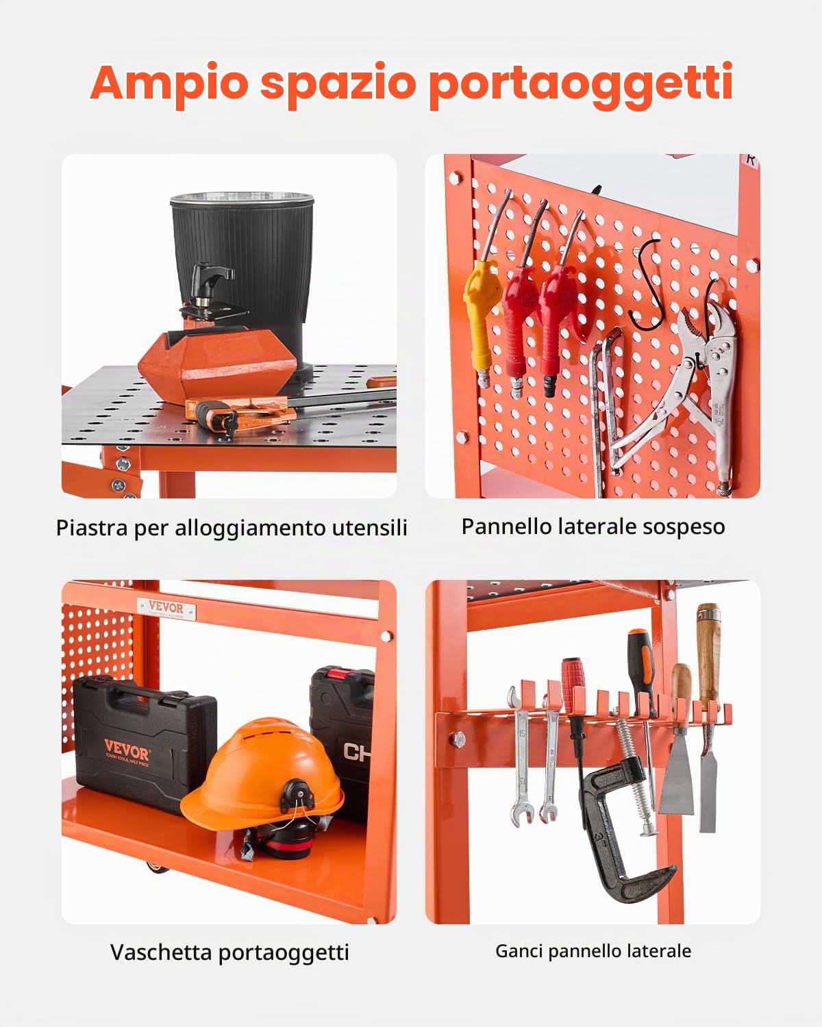 VEVOR Tavolo da Saldatura 1016 x 609,6 mm Banco da Lavoro in Acciaio Mobile, 4 Ruote (2 con Freno), Capacità Peso Statico 362,87 kg Pannello di Stoccaggio a Doppio Strato, Fori di Fissaggio 15,87 mm