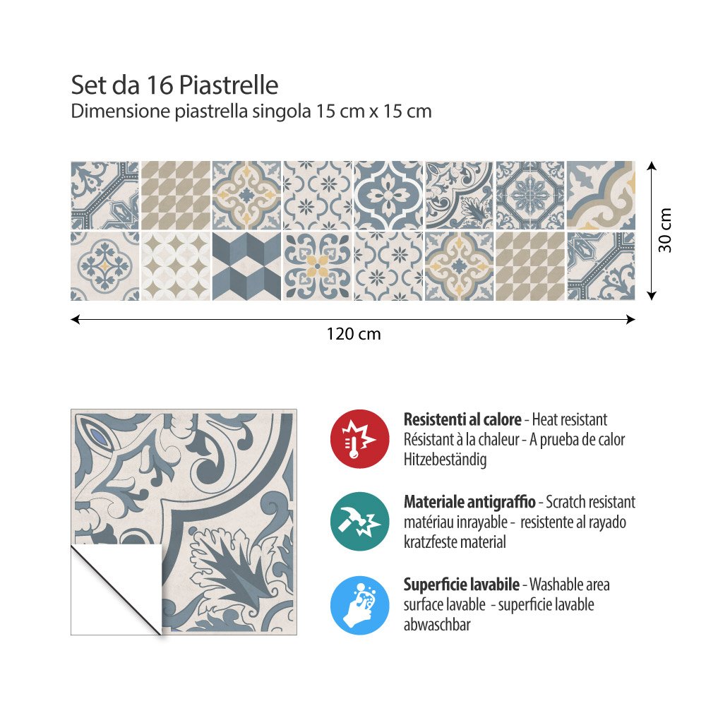 RE-COVERTILES - Adesivi Piastrelle Cucina Bagno Mattonelle adesive in PVC Impermeabili Antigraffio Stickers Decorazione Parete Cementine Peel and Stick - Modello 16 Pz 15x15 cm PS00247 Made in Italy