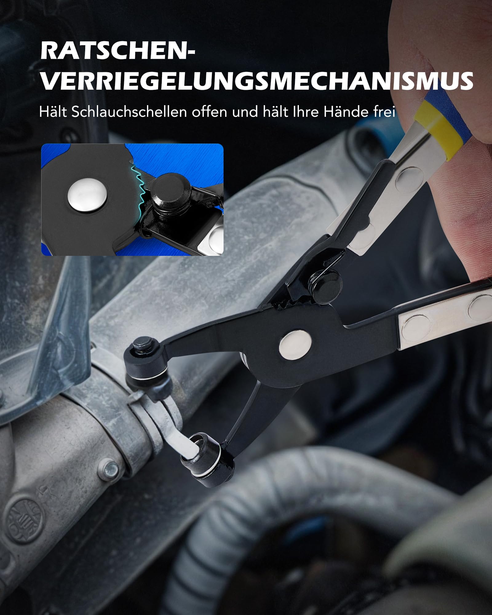 Orion Motor Tech 9-tlg. Schlauchklemmenzange Set, Profi Schlauchschellenzange Set für Kraftstoff- Öl- & Wasserschläuche, Schellenzange KFZ Werkzeug Set mit Bowdenzug für Clic-R Typ & Federbandschellen