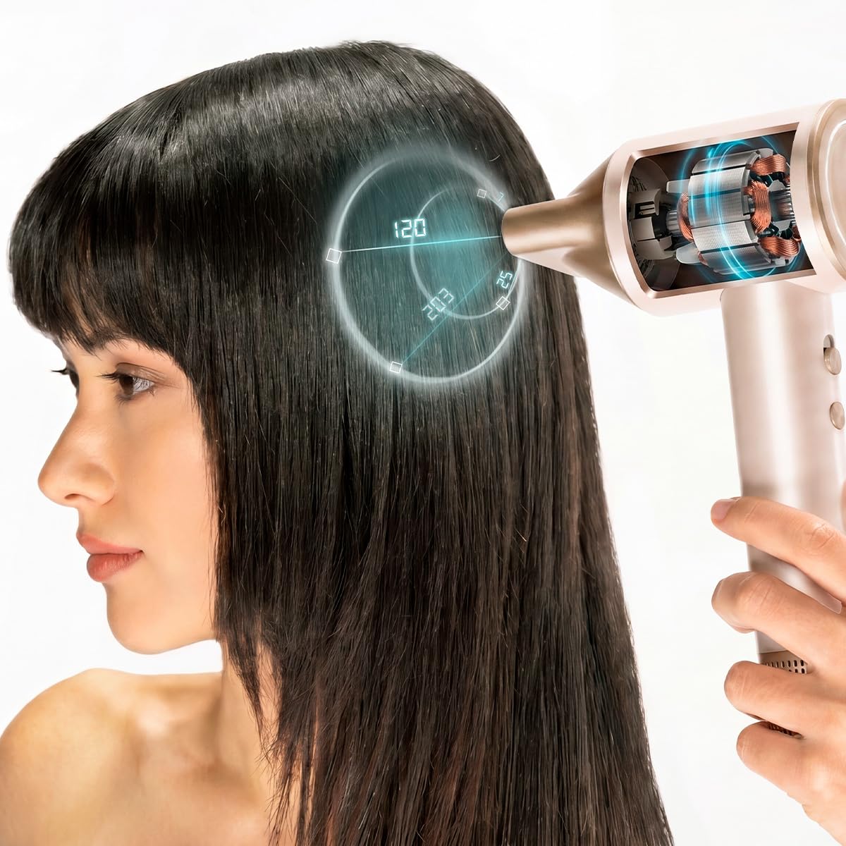 Cecotec Sèche-Cheveux à Ions - DryGlam 2in1 Sensor Champagne. 1400W, 110000rpm, Technologie de Capteur de Température, Moteur Brushless, 2 Vitesses et 3 Températures, Embout Concentrateur et Diffuseur