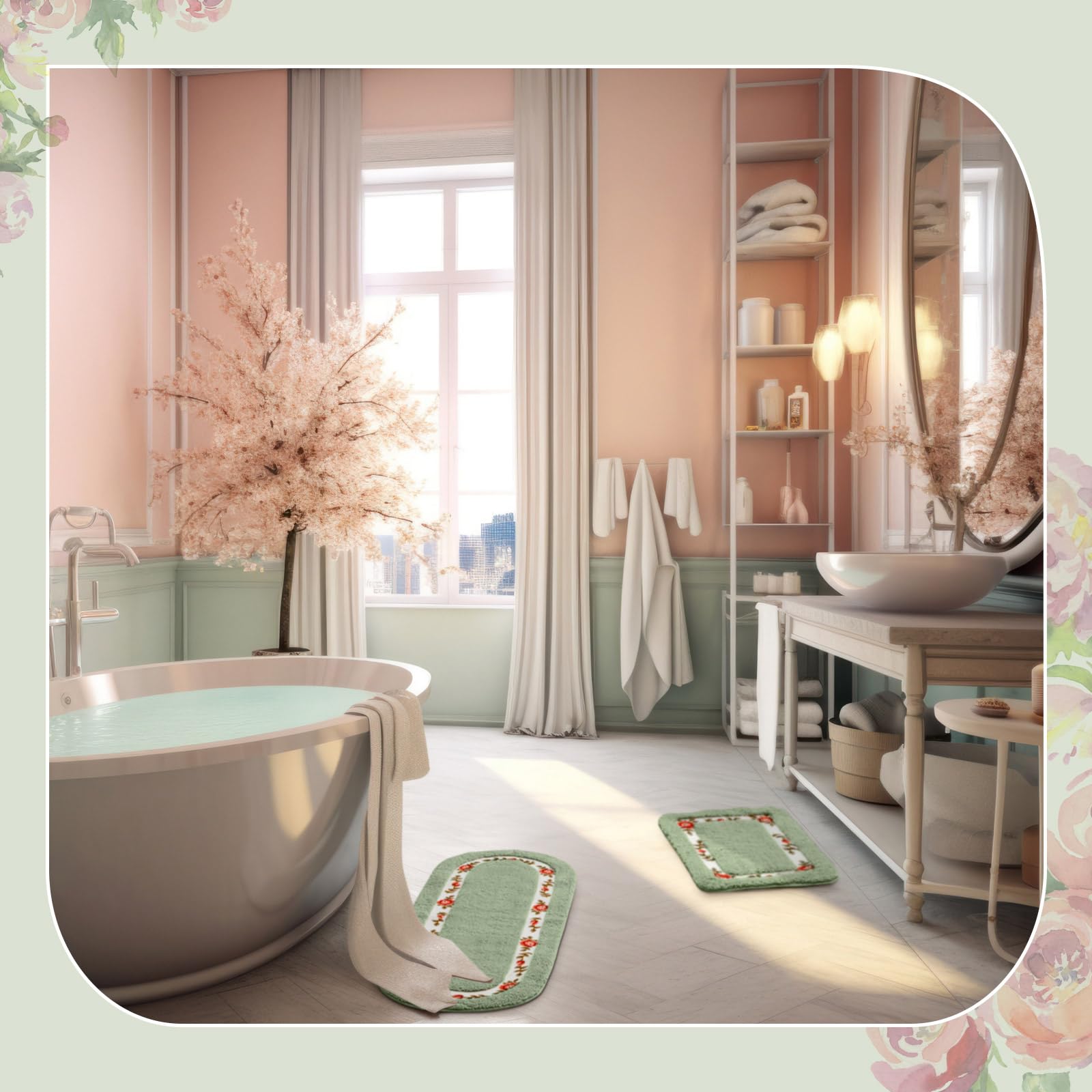 Drydiet Juego De 2 Alfombras De Baño Con Diseño De Rosas Y Flores Coquetas, Para Decoración De Habitación, Alfombras Florales Para Baño, Dormitorio, Sala De Estar, Antideslizantes, Absorbentes
