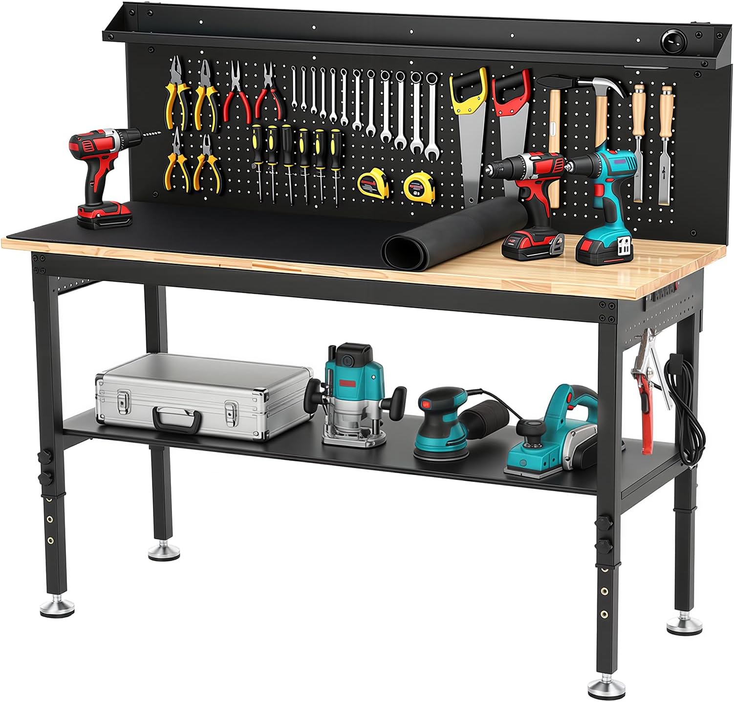 - ENJOYWOOD 60'' Heavy Duty Workbench 3000 LBS Load Capacity Adjustable Height Garage Work Bench with Pegboard, Storage Shelf, Power Outlets and LED Light