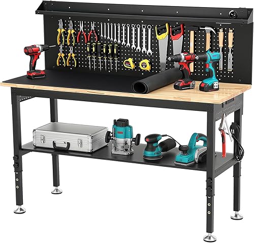 Miniatura 13 de Banco de trabajo de 60 pulgadas, mesa de trabajo para garaje, banco de trabajo resistente de madera de goma para carpintería, oficina en casa, corte