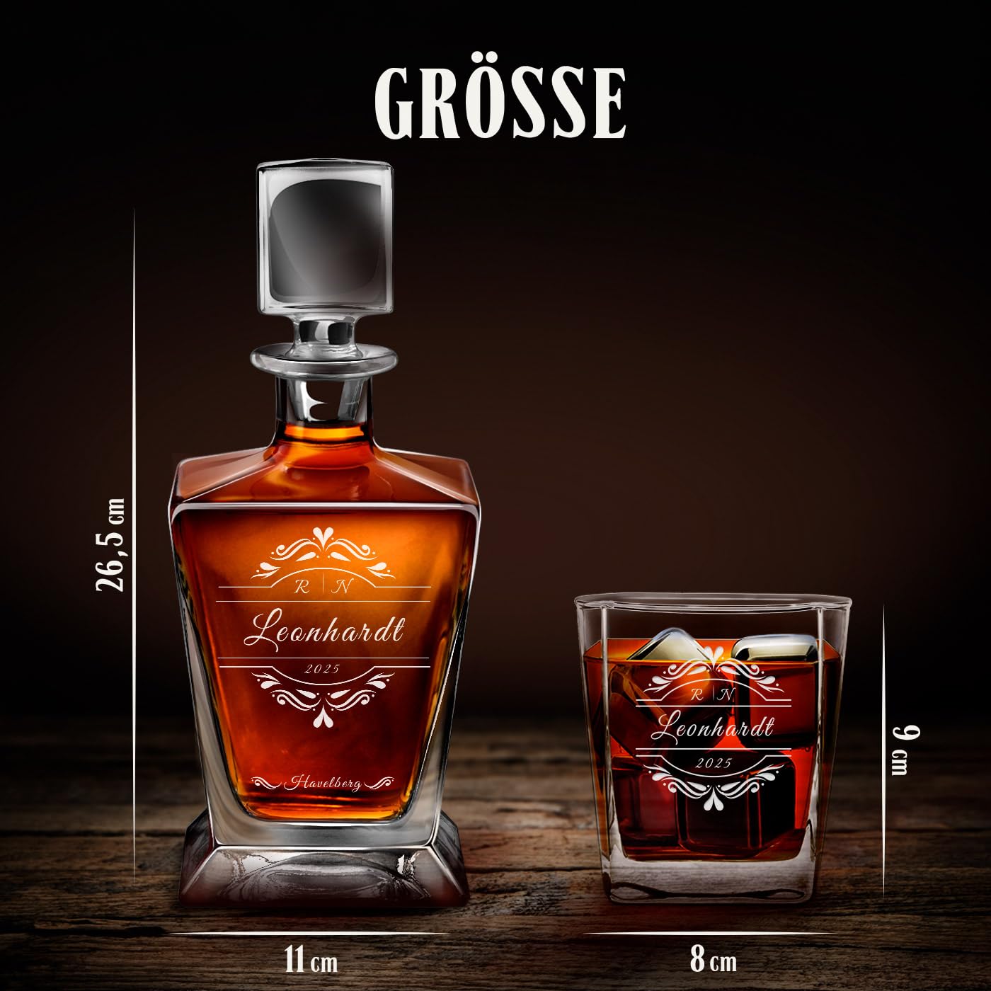 Maverton Pyramid Whiskey Karaffe 800ml + 6er Whiskygläser Set mit Gravur