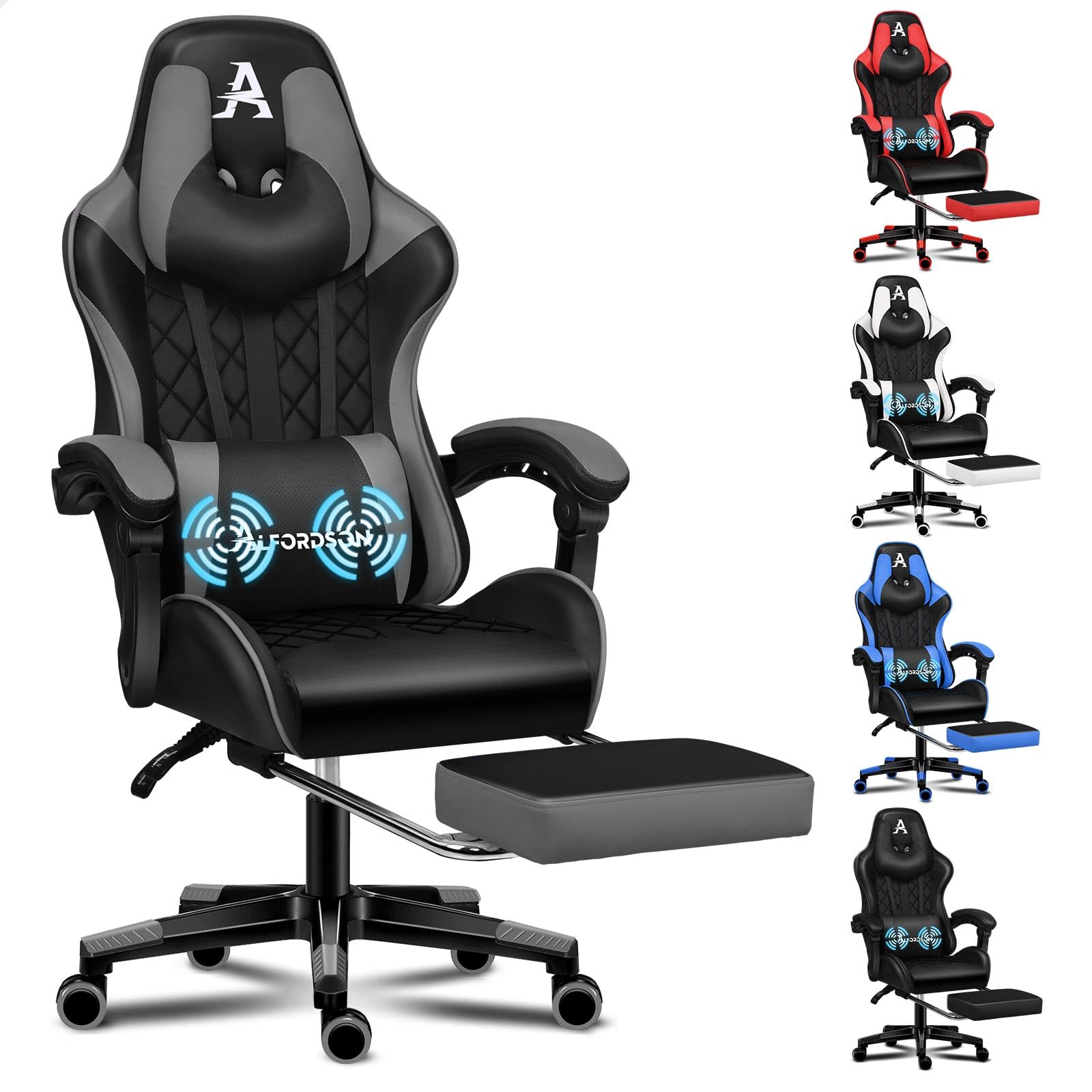 ALFORDSON Gaming Chair Office Racer Large Lumbar Cushion Footrest Seat Leather Black & Grey