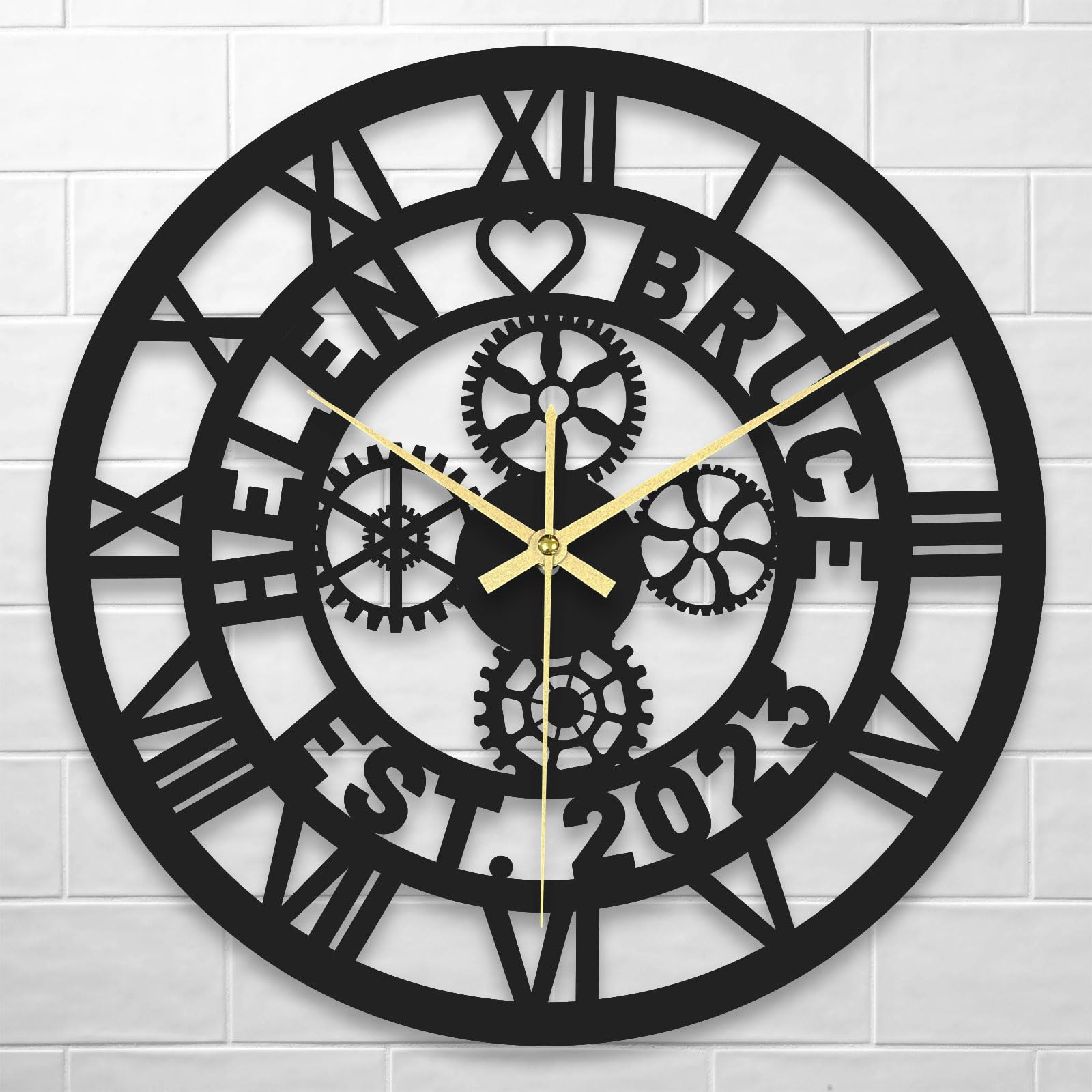 LINMQIU Personalized Gears Wall Clock with Name, Custom Round Wood Wall Clock, Large Wood Sign Wall Clock, Vintage Roman Numeral Clock for Bedroom