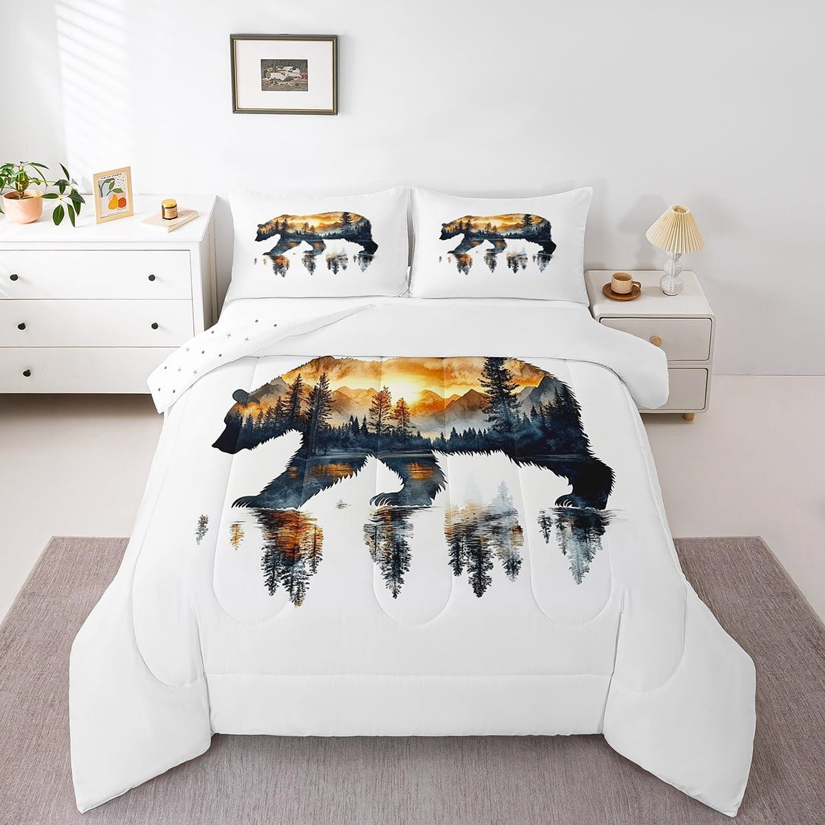 Feelyou Cute Deer Bedding Set Deer Hunting Comforter Set for Kids Boys Girls Teens Room Decor Camouflage Antlers Tree Branches Leaves Rustic Cabin Comforter Queen Size Brown Duvet Set 3Pcs