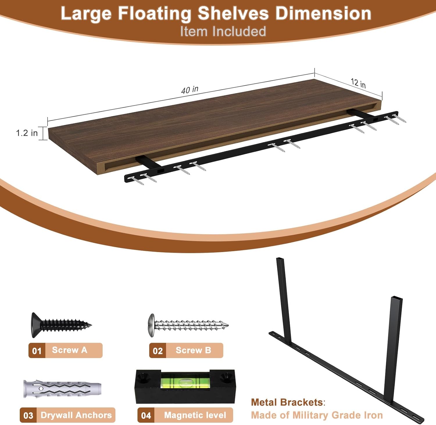 40 Inch Floating Shelf 1 Pack Large Floating Shelves for Wall No Drilling Accessories Included Deep Wall Shelves for Living Room Kitchen Farmhouse 40" W x 12" D x 1.2" Walnut