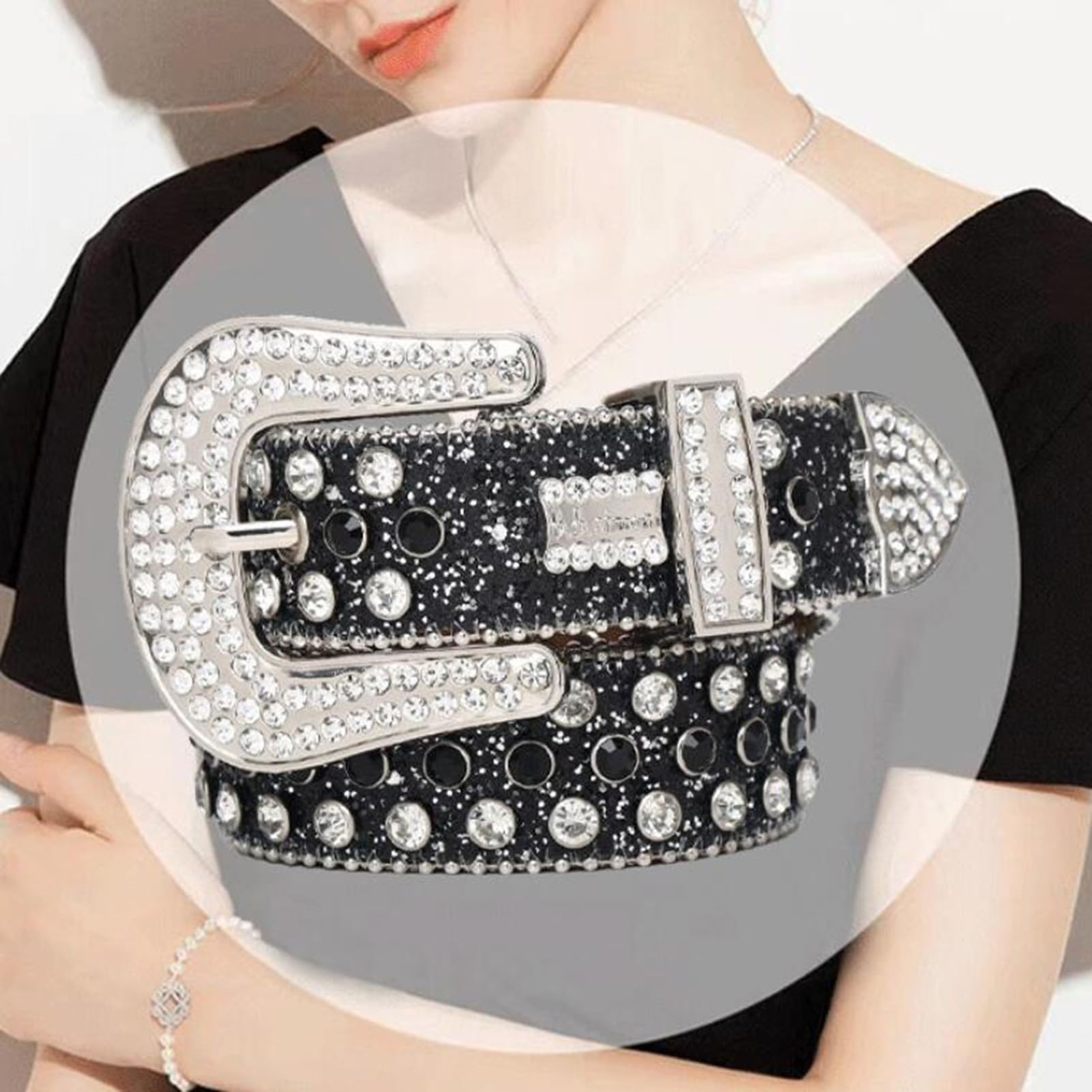Cinturón De Cuero Con Remaches Y Diamantes Imitación, Vaquero Estilo Rock Western, Ajustable Hebilla A Presión Brillante