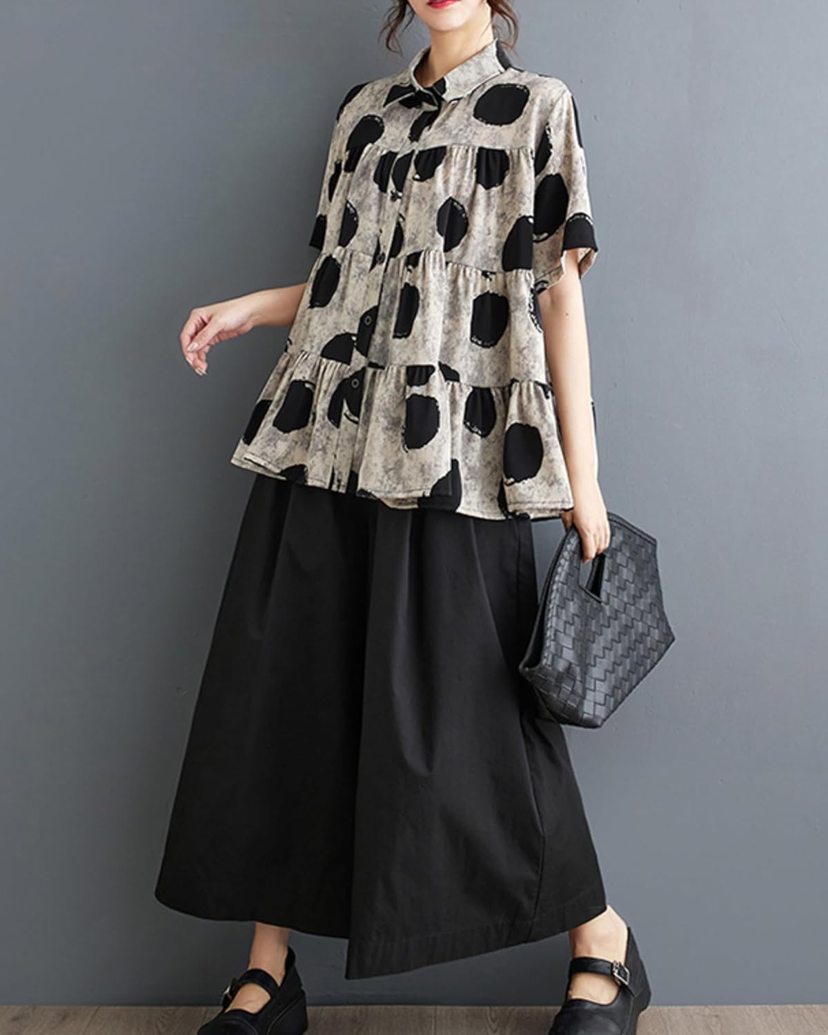 ellazhu Women's Short Sleeves Polka Dot Floral Print Casual Button Down T-Shirt GZ167 - Image 3