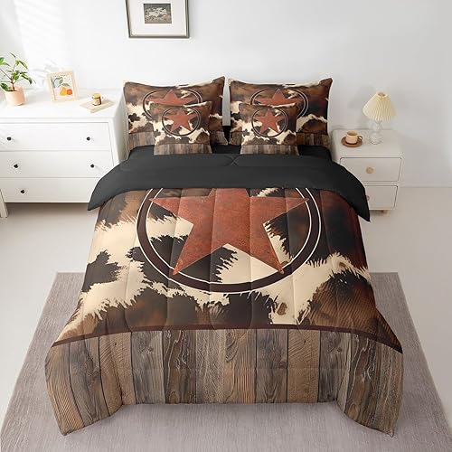 jejeloiu Western Decor Comforter Set with Sheets King Size Texas Star Print Bed 