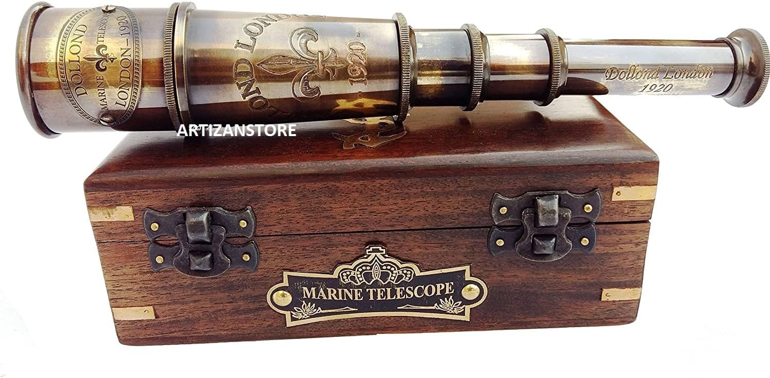 1920 Marine Telescope Collectible Décor Nautical Spyglass Antique Mounted Solid Brass 15 Inch Pirate Telescope with Wooden Box