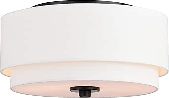 VAXCEL Burnaby 13-in W Black Mid-Century Modern Flush Mount Ceiling Light Fixture White Fabric Drum Shade