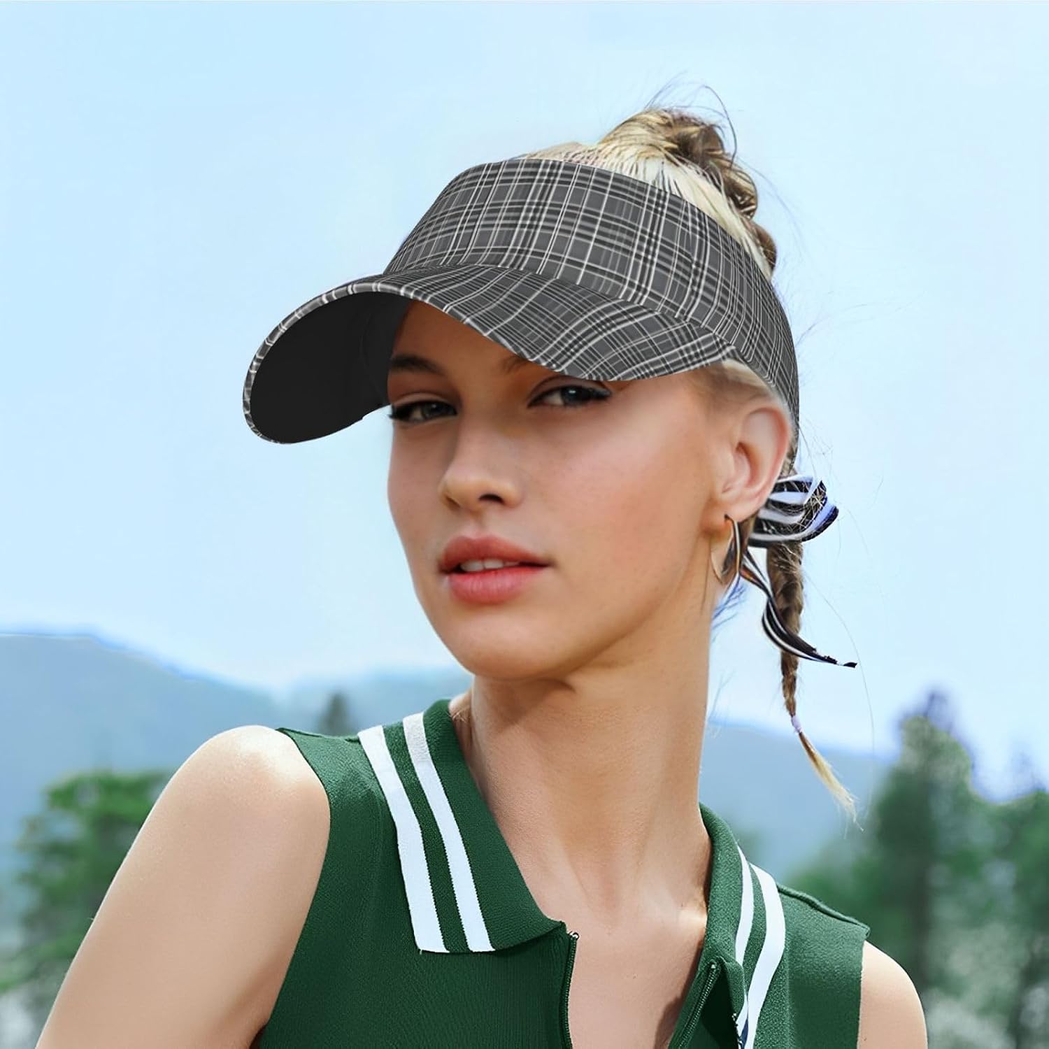 Gray Plaid Lines Print Foldable Sun Visor Hat Lightweight Adjustable Sun Visor Hat Outdoor Sports Cap for Adults