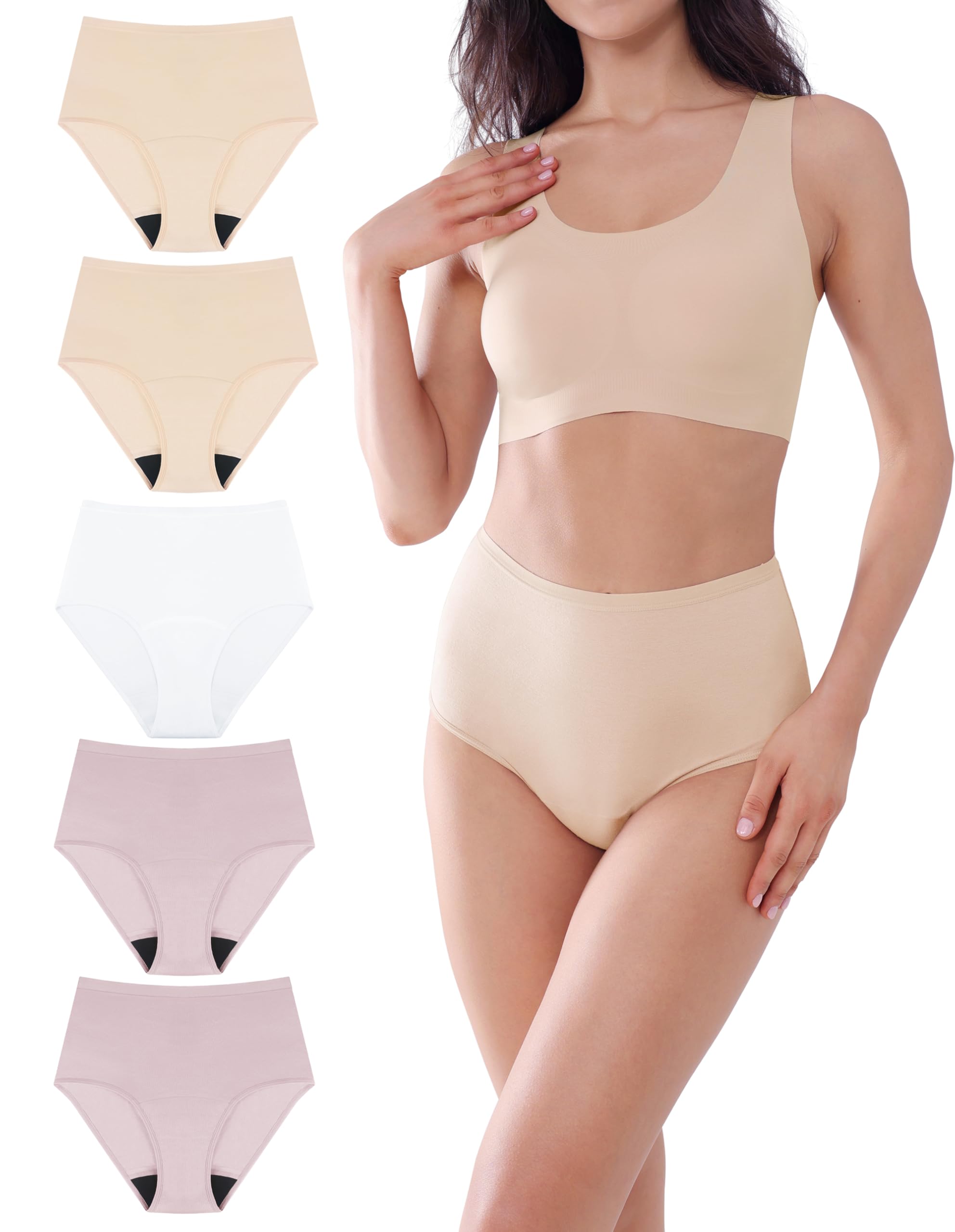 AIRCUTE Washable Urine Absorbency Incontinence Underwear for Women Bladder Leak Proof Cotton Panties 60ML 5 Pack(Beige2-Dusk2-White, X-Large)