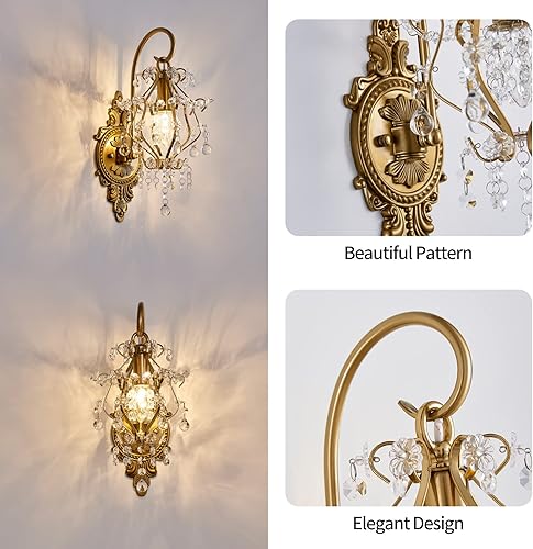 Miniatura 4 de Apliques de pared dorados de cristal vintage, juego de 2 lámparas de pared para interior con cableado fijo, lámpara de montaje en pared moderna para