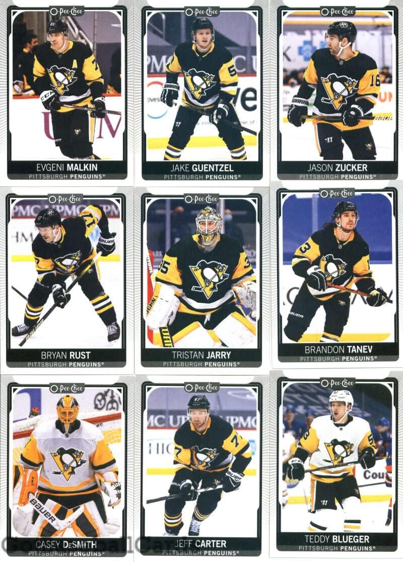 2021-22 O-Pee-Chee Pittsburgh Penguins Team Set (No SPs) of 18 Cards: Evgeni Malkin(#8), Jake Guentzel(#21), Jason Zucker(#42), Bryan Rust(#110), Tristan Jarry(#127), Brandon Tanev(#155), Casey DeSmith(#180), Jeff Carter(#182), Teddy Blueger(#221), Zach Aston-Reese(#313), Jared McCann(#396), Cody Ceci(#405), Sidney Crosby(#418), Kasperi Kapanen(#424), Brian Dumoulin(#435), Michael Matheson(#440), John Marino(#463), Kris Letang(#478) - GotBaseballCards