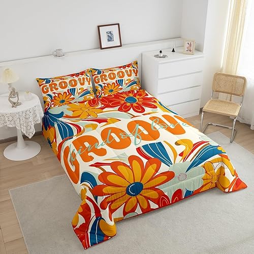 Miniatura 3 de Groovy - Juego de edredón de flores tamaño matrimonial, juego de ropa de cama vintage de flores de grafiti naranja para niños y niñas, juego de