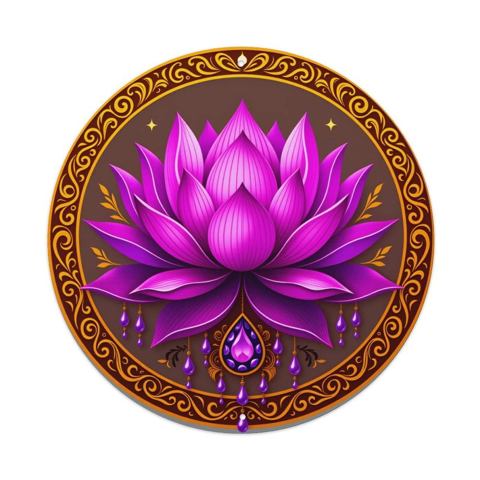 Purple Lotus Flower With Gold And Droplets Round Vintage Tin Sign,Retro Wall Art,Metal Poster for Home, Bar, Garage, Cafe, Rustic Indoor & Outdoor Decor, 8x8 Inches