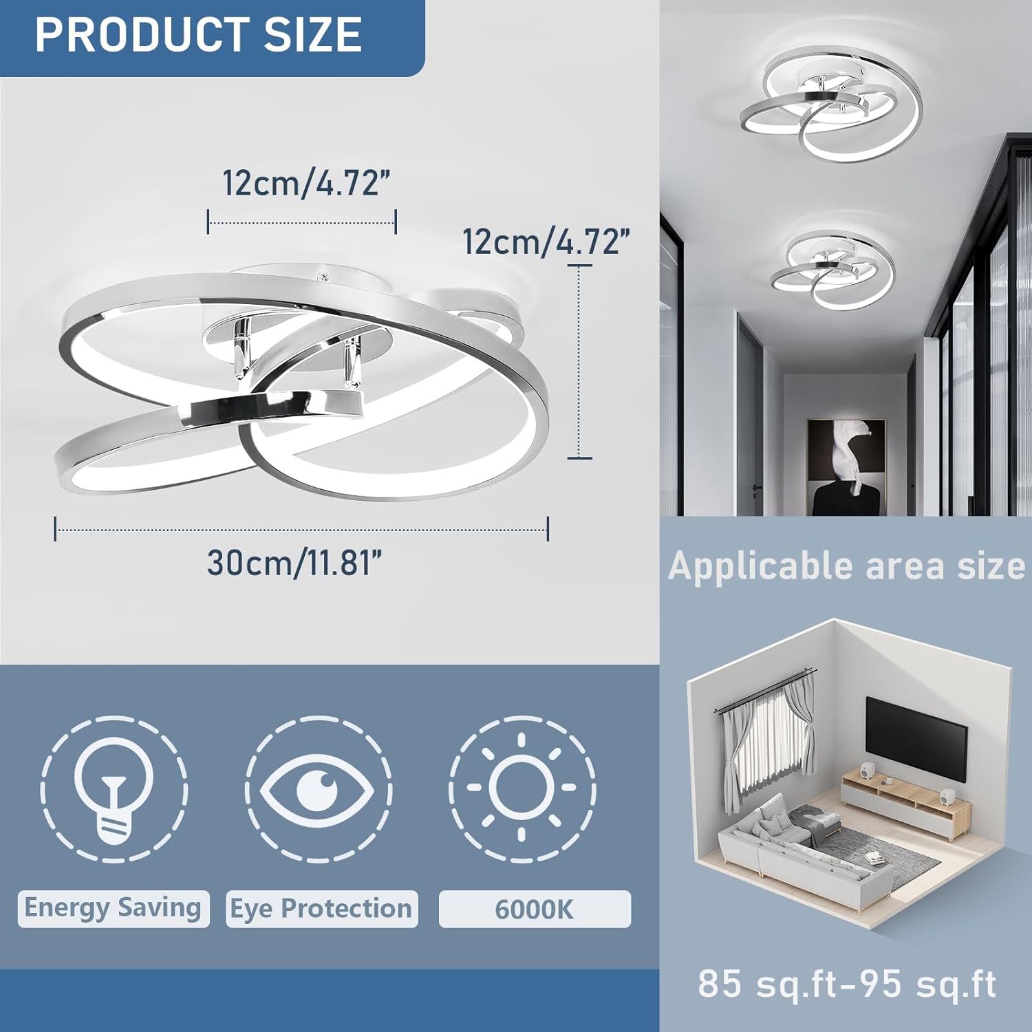 LED Ceiling Light Fixtures,36W Flush Mount Modern LED Ceiling Light,Cool White 6000K Close to Ceiling Lights for Hallway Bedroom Dining Room Kitchen Bathroom (Chrome, 6000K)