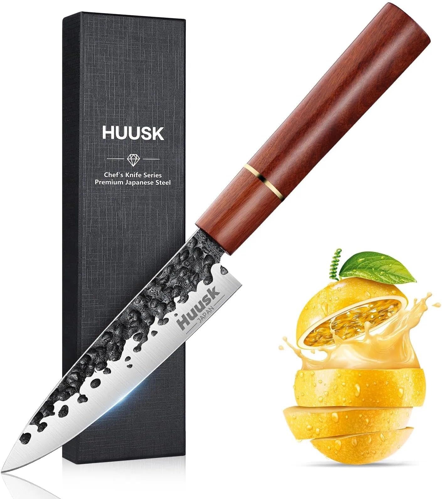 Huusk Japanese Paring Knife 5", Hand Forged Fruit Knife, High Carbon Steel Utility Kitchen Knives, Japanese Petty Chef Knives with Rosewood Handle, Small Peeling Knifes for Vegetable, Christmas Gifts