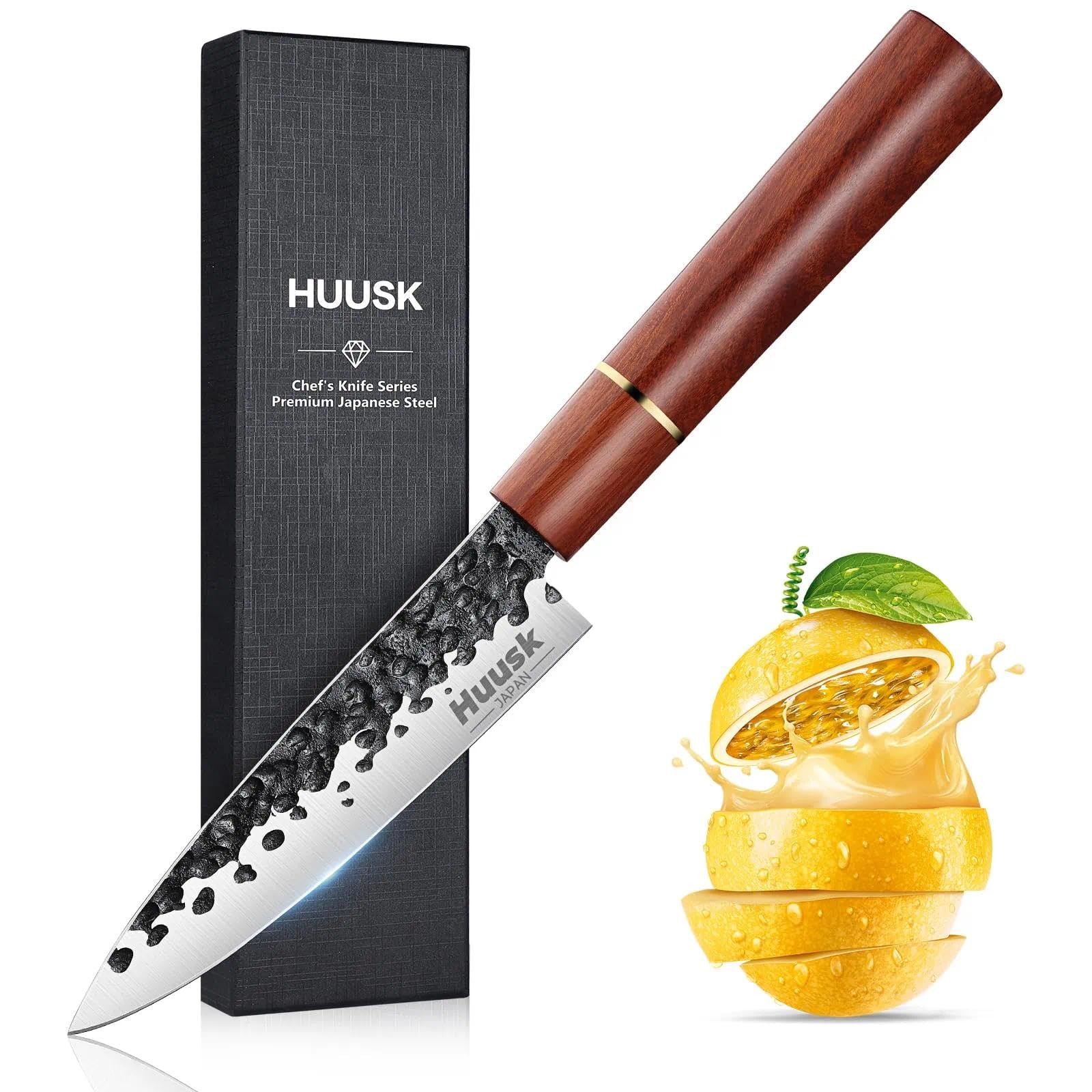 Huusk Japanese Paring Knife 5", Hand Forged Fruit Knife, High Carbon Steel Utility Kitchen Knives, Japanese Petty Chef Knives with Rosewood Handle, Small Peeling Knifes for Vegetable, Christmas Gifts