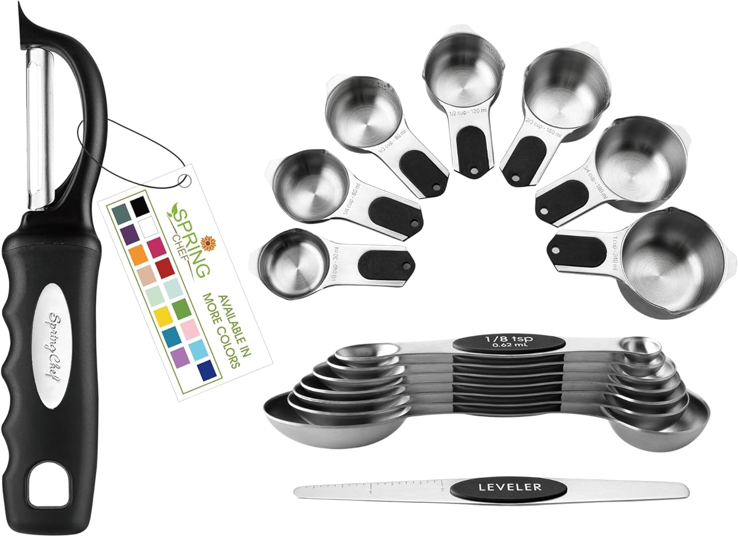 Spring Chef Premium Swivel Vegetable Peeler & Magnetic Measuring Cups & Spoons, Set of 15 with Leveler - 2 Product Bundle - Black