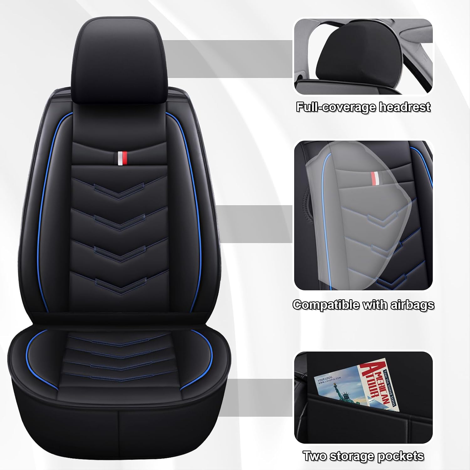 Car Seat Covers 7 Seats for Chevy Tahoe 2000-2026,Premium Nappa Leather Waterproof Durable Seat Covers,Compatible Airbag Easy Install Clean Full Sets(Standard,Black Blue)