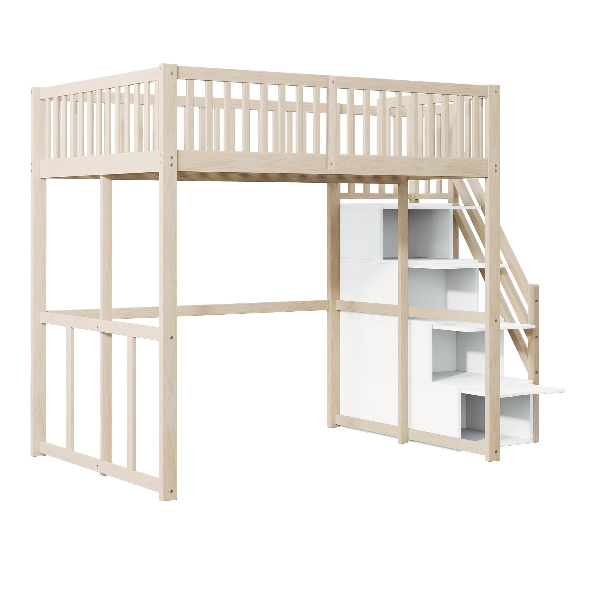 Merax Lit Mezzanine 140 x 200 cm, Multifonction Lit Enfant avec Espace de Rangement Escalier, Couleur Bois et Blanc (sans Matelas)