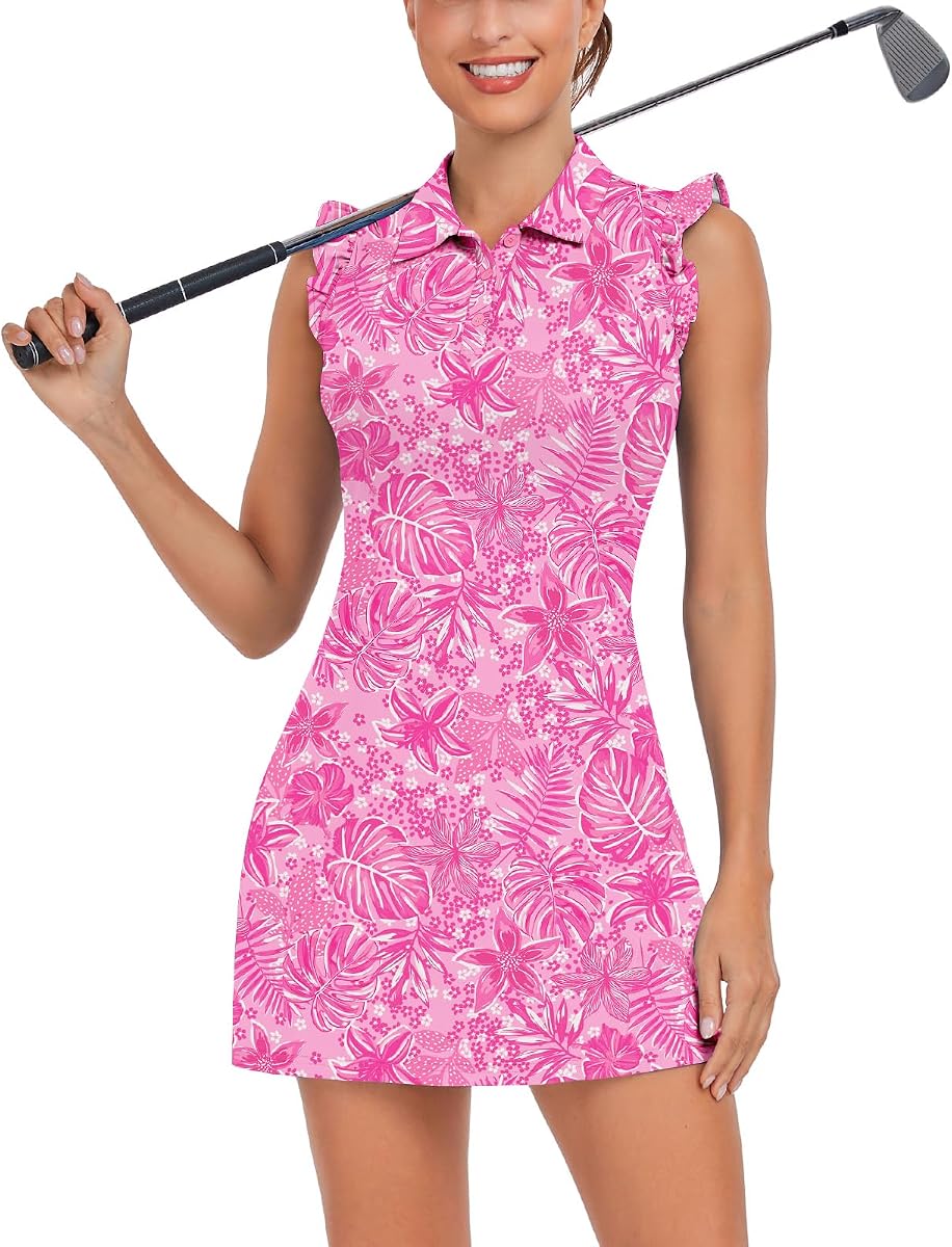 Tennis Dress Polo Buttons Golf Dresses with Separated Shorts and Pockets Ruffle Sleeveless Athletic Workout Dress