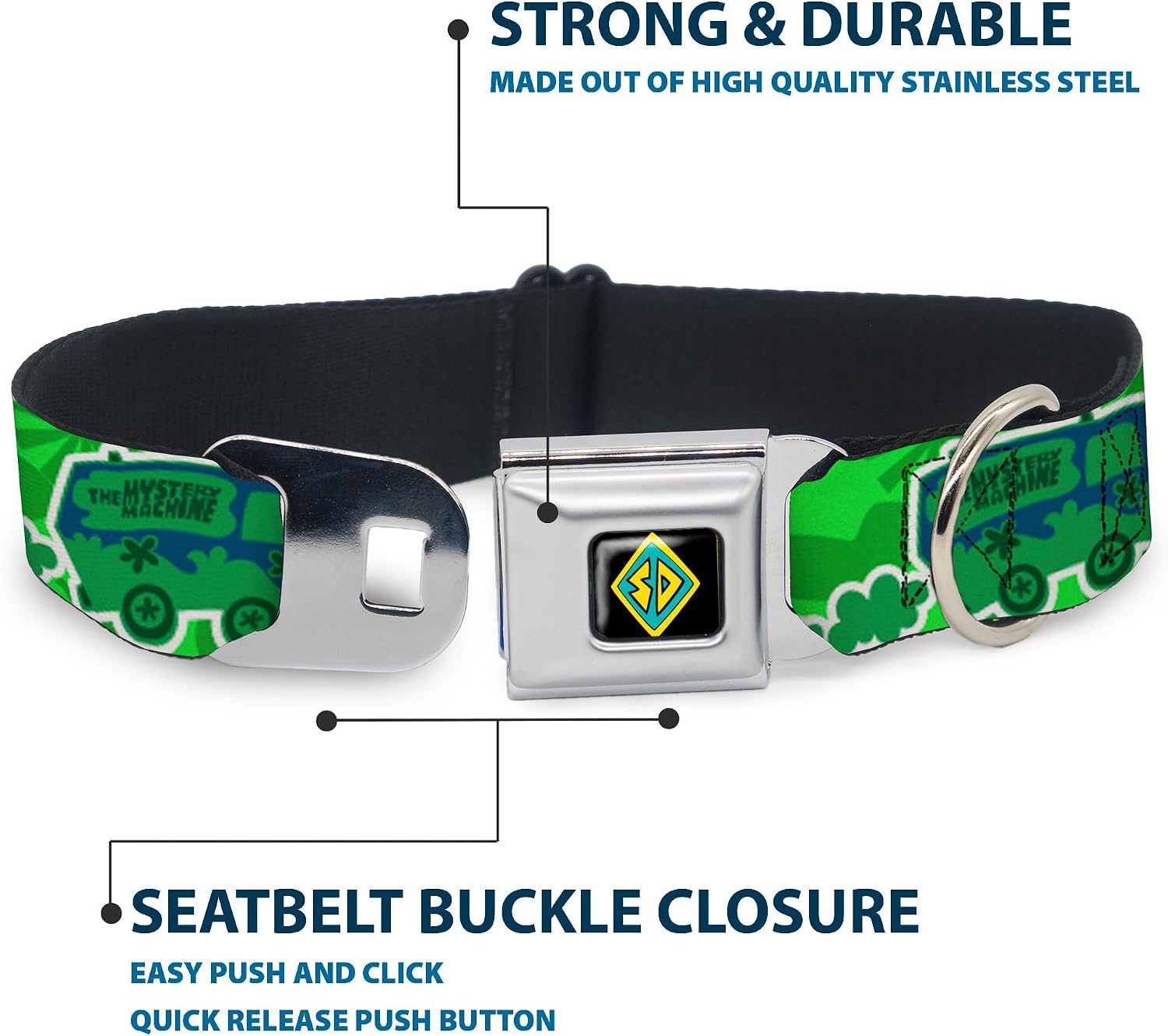 Scooby Doo Pet Collar, Dog Collar Metal Seatbelt Buckle, Scooby Doo Mystery Machine Dog Tag Collage Greens Blues, 15 to 24 Inches 1.0 Inch Wide