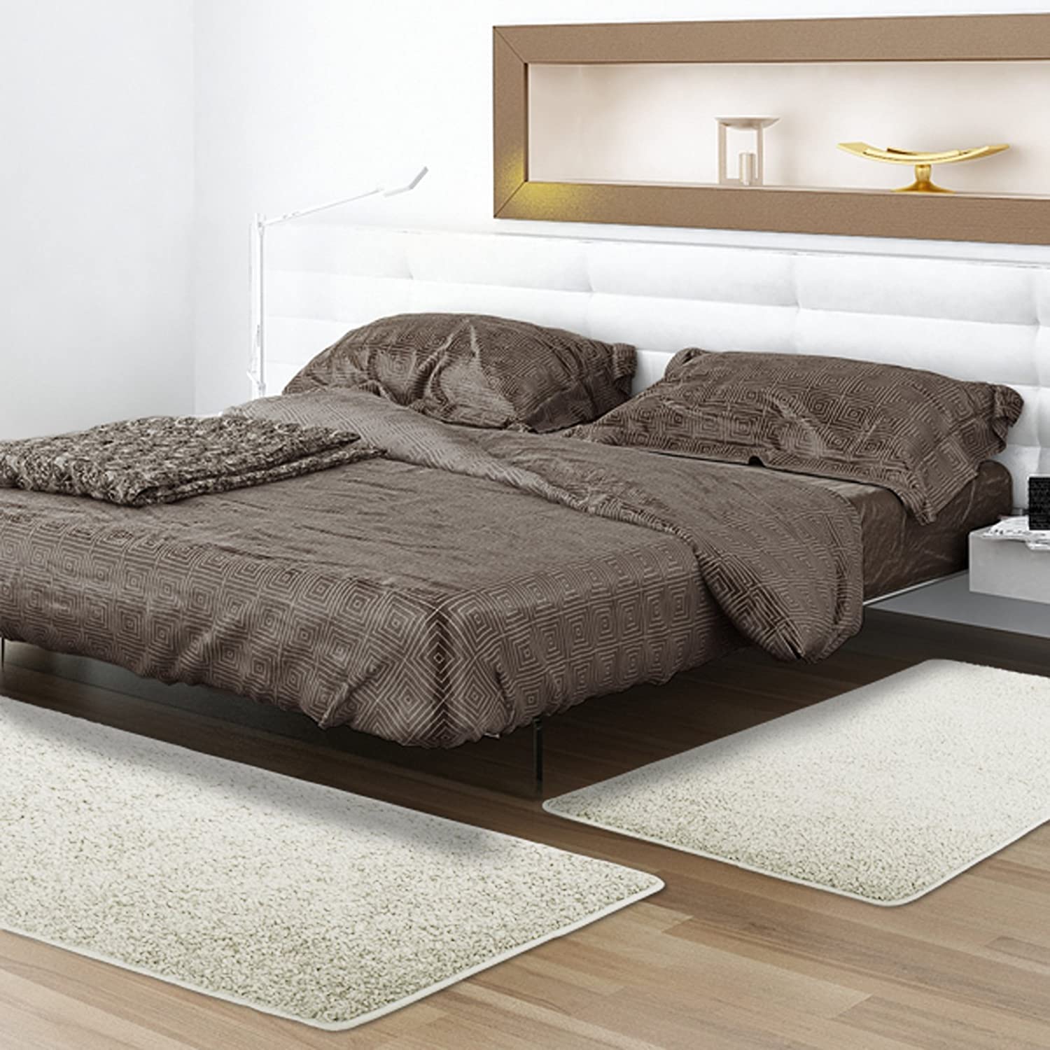 Floordirekt Shaggy-Bettumrandung Barcelona - 3-teilig - Shaggy-Kräusel-Optik - Hochflor Bettvorleger in vielen Farben (B: 67 cm | L: 1 x 250 cm + 2 x 140 cm, Creme)