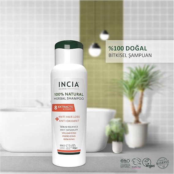 INCIA%100 Doğal Saç Dökülmesine Karşı Etkili Şampuan 8 Değerli Bitki Ekstresi Vegan 275 ml