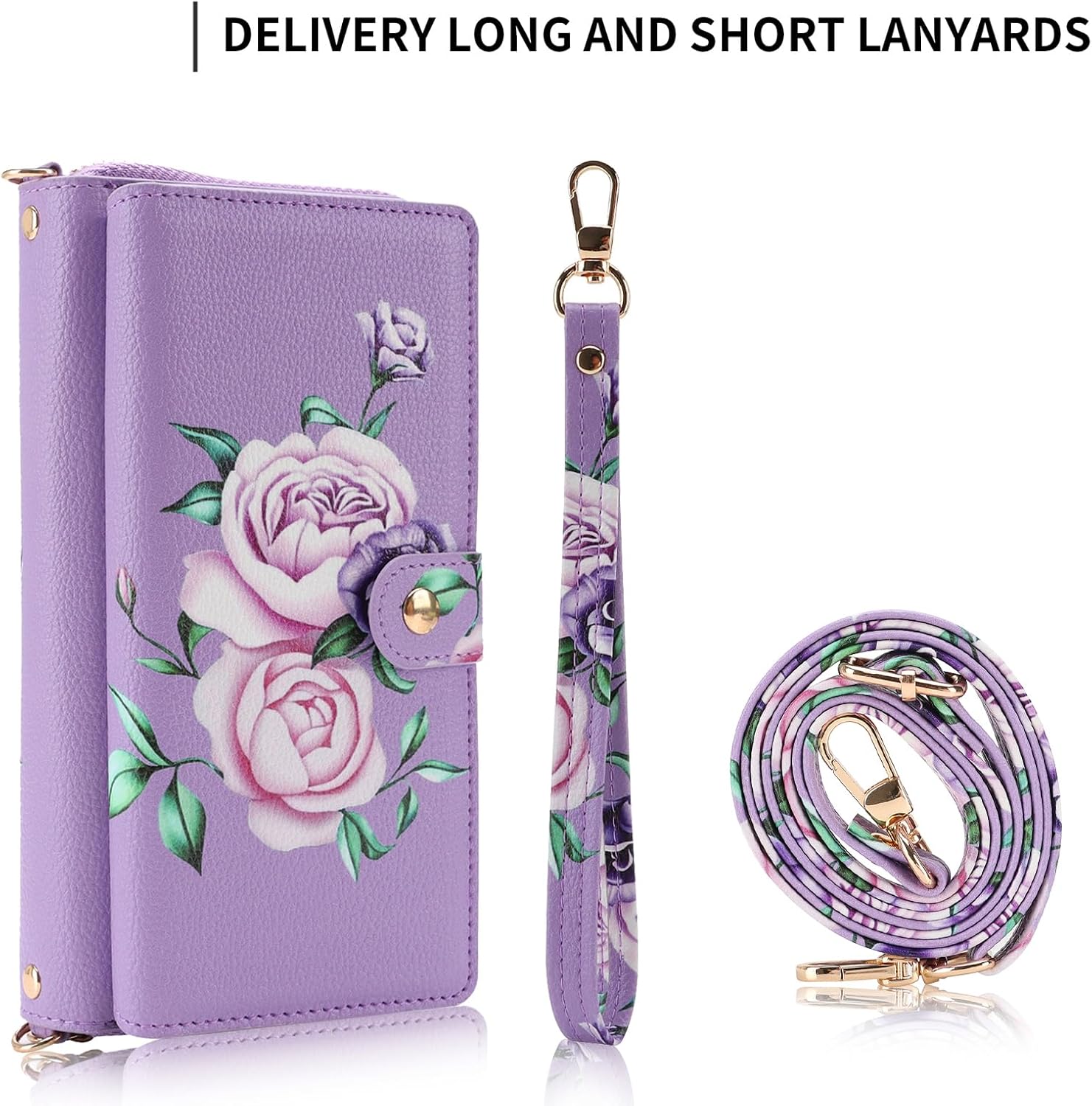 LITOU Compatible for Samsung Galaxy S26 Phone Case Crossbody Wallet,Detachable Magnetic,Card Holder,Wrist Lanyard Strap,Zipper Wallet Case for Men Women.PurpleFlower