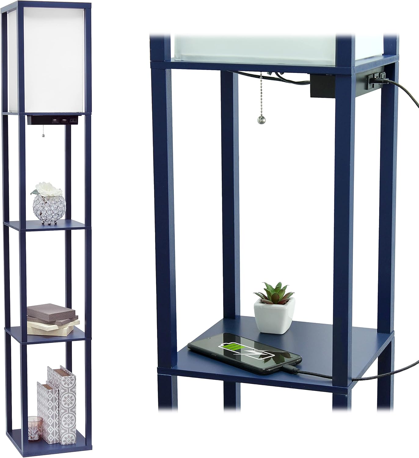 Simple Designs LF1037-NAV Floor Lamp Etagere Organizer Storage Shelf with 2 USB Charging Ports, 1 Charging Outlet and Linen Shade, Navy Blue