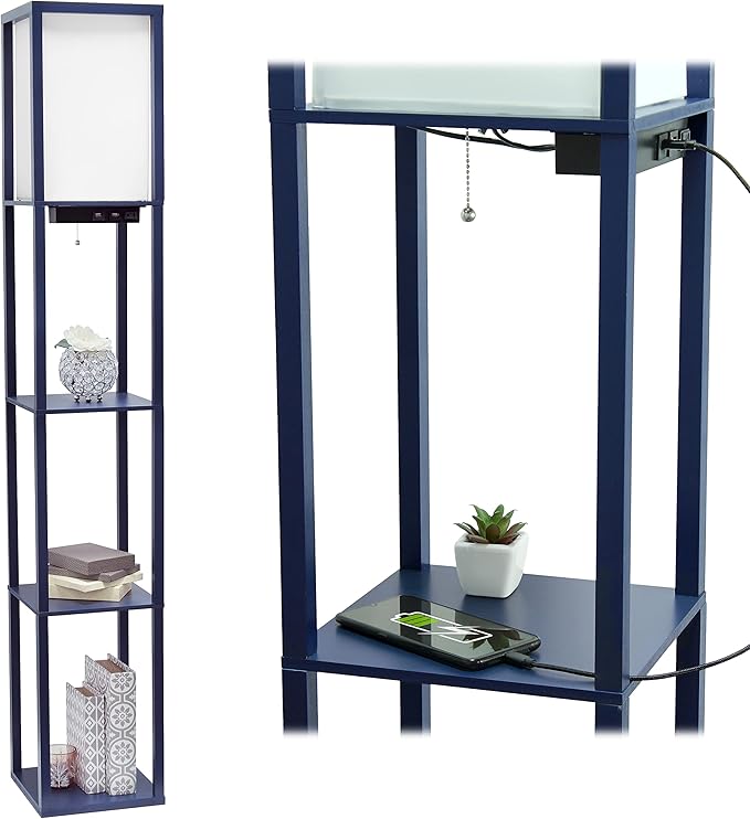 Simple Designs Simple Designs LF1037-NAV Floor Lamp Etagere Organizer Storage Shelf with 2 USB Charging Ports, 1 Charging Outlet and Linen Shade, Navy Blue