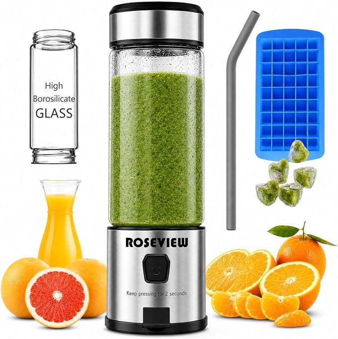 Portable Smoothie Blender ROSEVIEW Glass Cordless Mini Shakes Cup blend