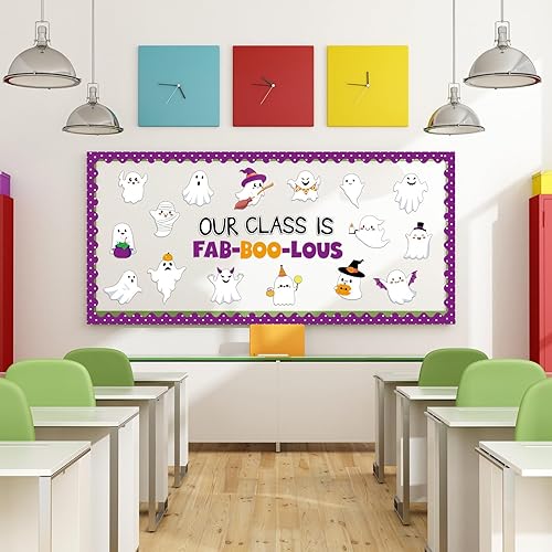 Miniatura 5 de Juego de decoración de tablón de anuncios de Halloween, lindo diseño de fantasma, recortes de papel de fantasma, borde de pizarra, decoración de