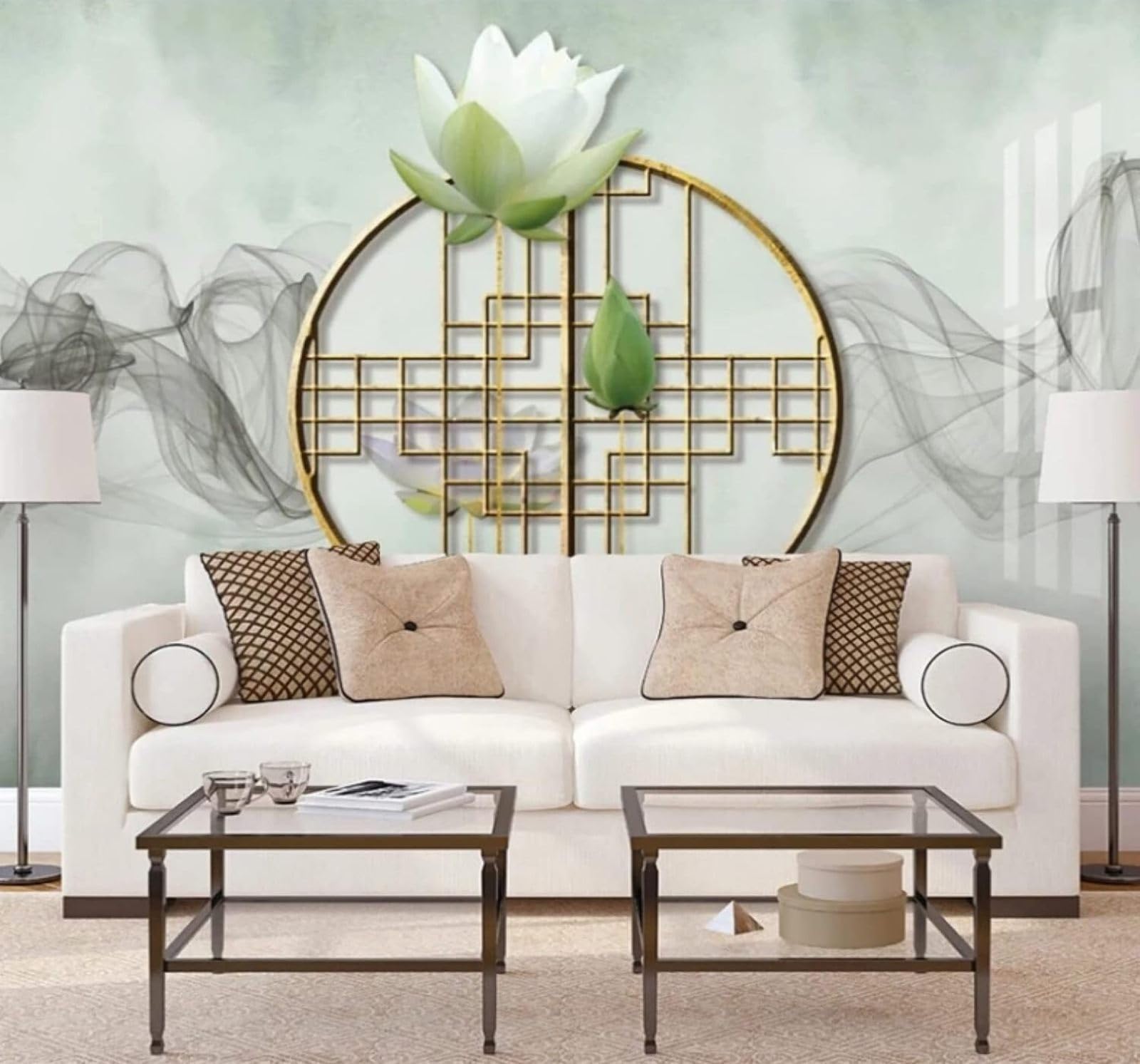 Fresh Lotus Mist Classical Geometric 3D Wallpaper Easy Install Feature Office Living Room Sofa Bedroom TV Background Wall Decoration-300cm×210cm
