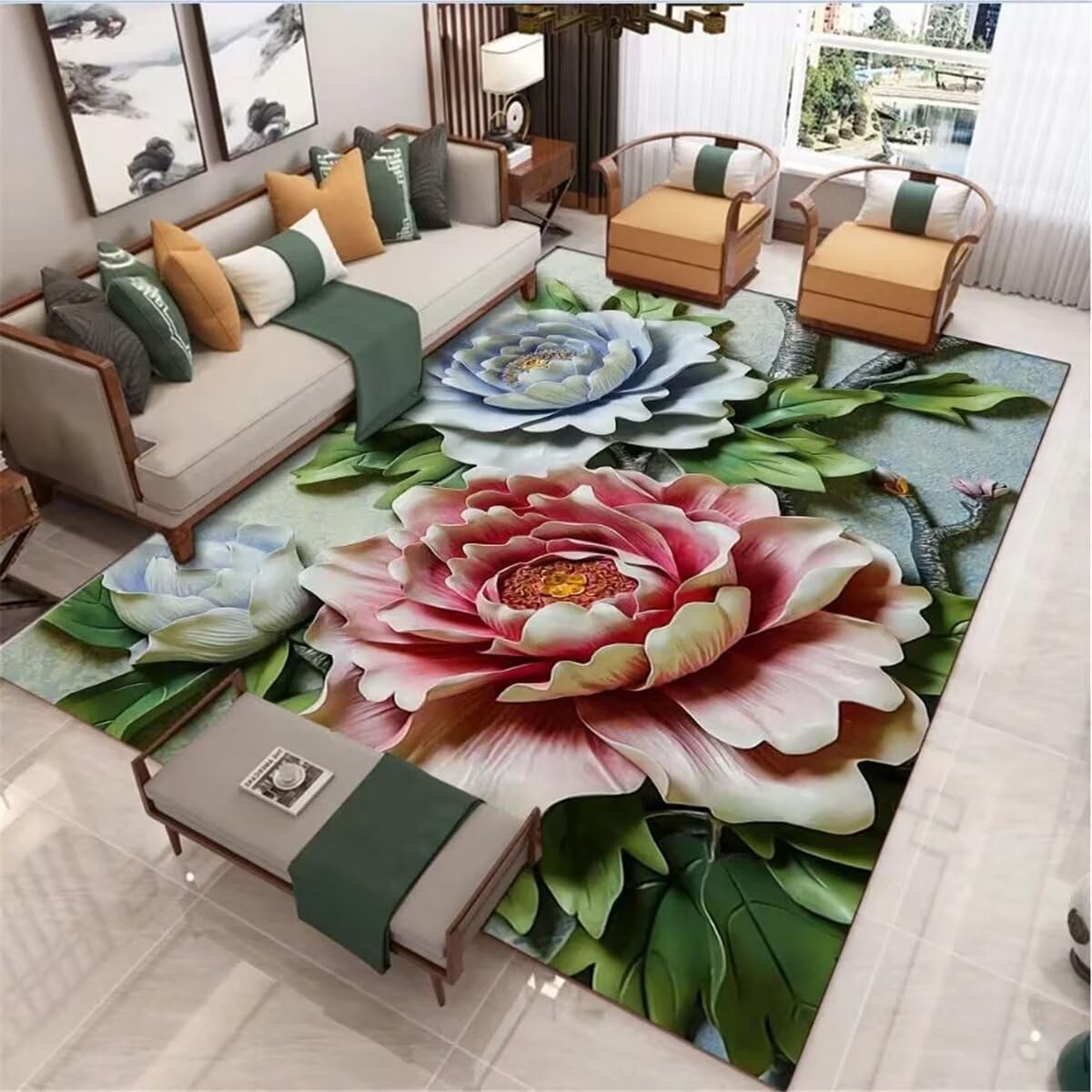 Tapis bleu plante fleur au style vintage authentique pour décoration salon
