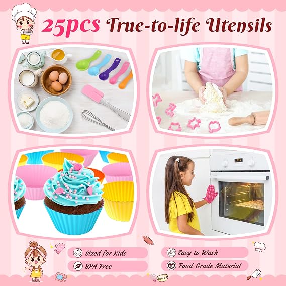 GIFTINBOX Kids Cooking and Baking Chef Set, 25PCS with Kids Apron,Chef Hat & Utensils ids Cooking Set, Dress Up and Pretend Play Kitchen Toys, Birthday Toys for 3 4 5 6 7 8 Year Old Girls
