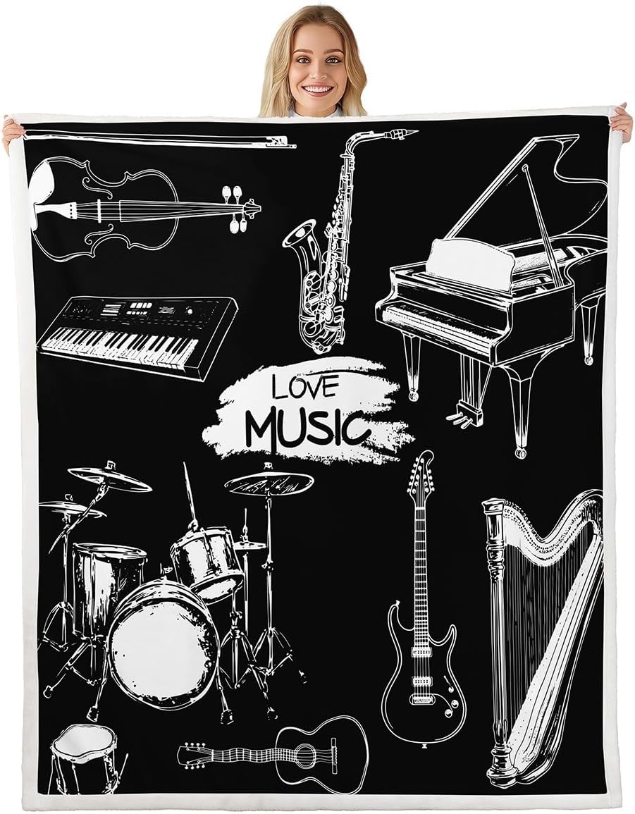 Feelyou Guitar Fleece Throw Blanket for Sofa Couch Drum Kit Piano Music Themed Sherpa Blanket Black White Musical Pattern Warm Plush Room Decor Instruments Print Fuzzy Twin 60"x80"