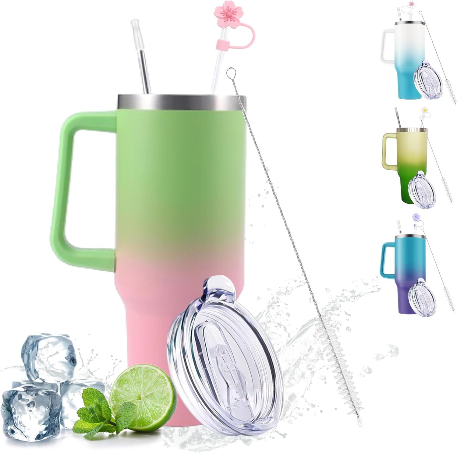 40 oz Tumbler with Handle and Straw, Insulated Tumbler with Lid and Straw, 100% Leak Proof, Reusable Stainless Steel Travel Mug, Keeps Cold for 34Hrs or Hot for 12Hrs (LightGreen-Pink)