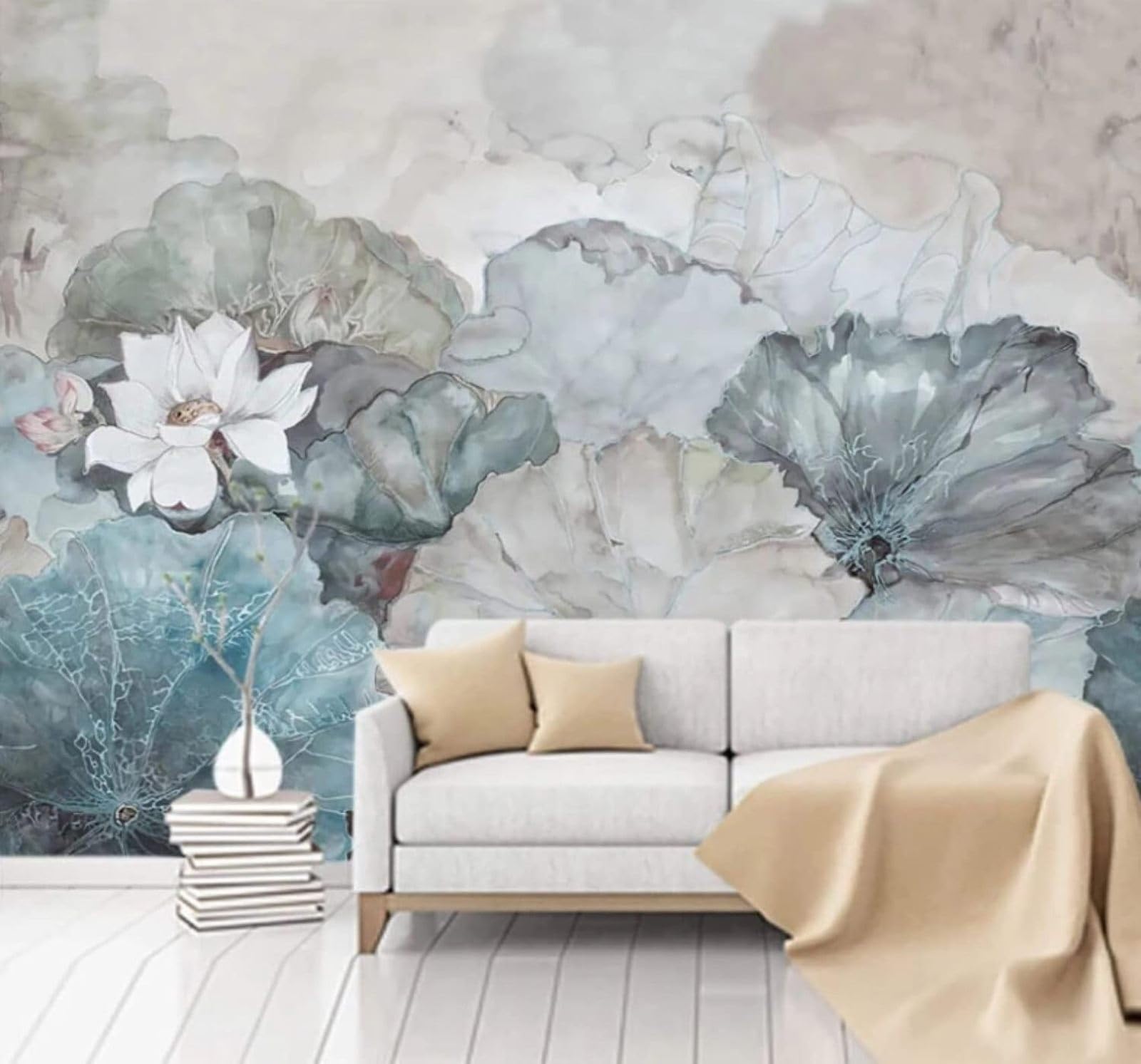 Xlming 300Cm×210Cm(B×H) Retro Hand Drawn Lotus Flowers Lotus Leaves Landscape 3D Wallpaper Luxury Silk Study Dining Feature Sofa Grey Bedroom Living Room Tv Decorative Wall-300Cm×210Cm