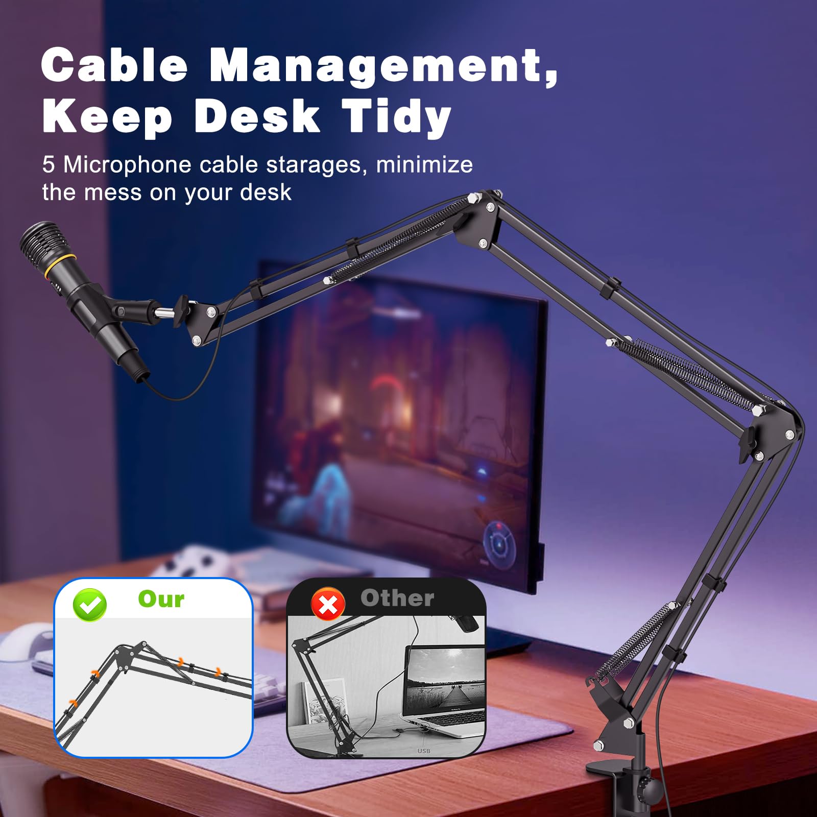 Jubor Table Microphone Arm Stand, Desk Microphone Boom Arm with 3/8" to 5/8" Screw - Image 3