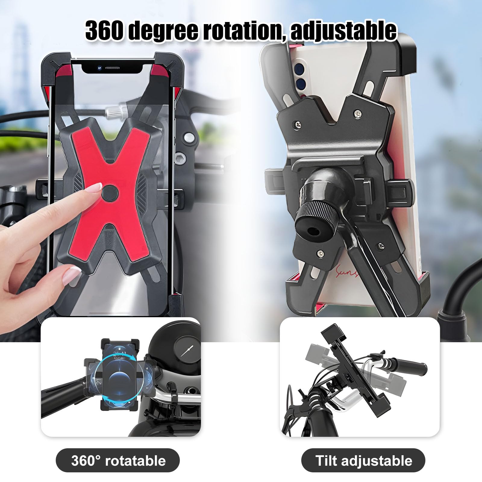 Uchwyt na Telefon Komórkowy na Rower i Motocykl, Antywibracyjny, Blokada Bezpieczeństwa, Obrotowy o 360°, Kompatybilny z iPhone 15/14/13